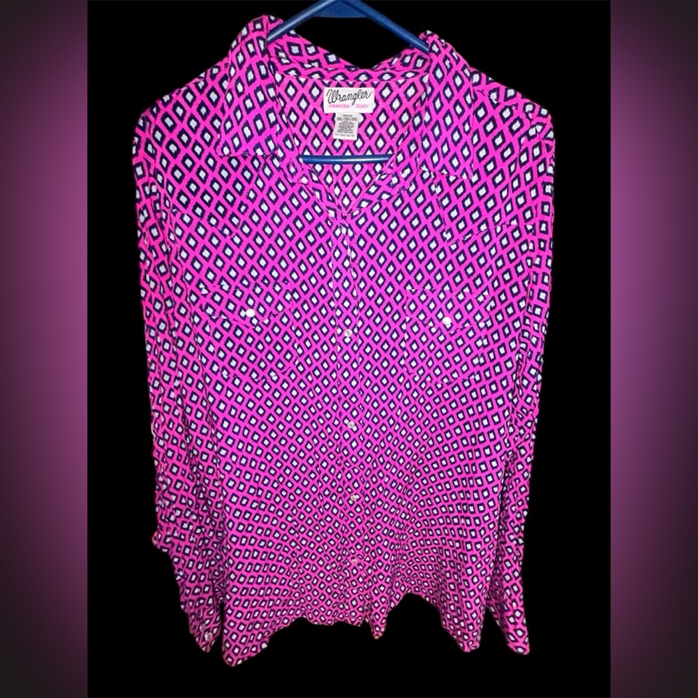 Wrangler Wrancher Pink & Navy Diamond Print Western Snap Shirt - 3XL